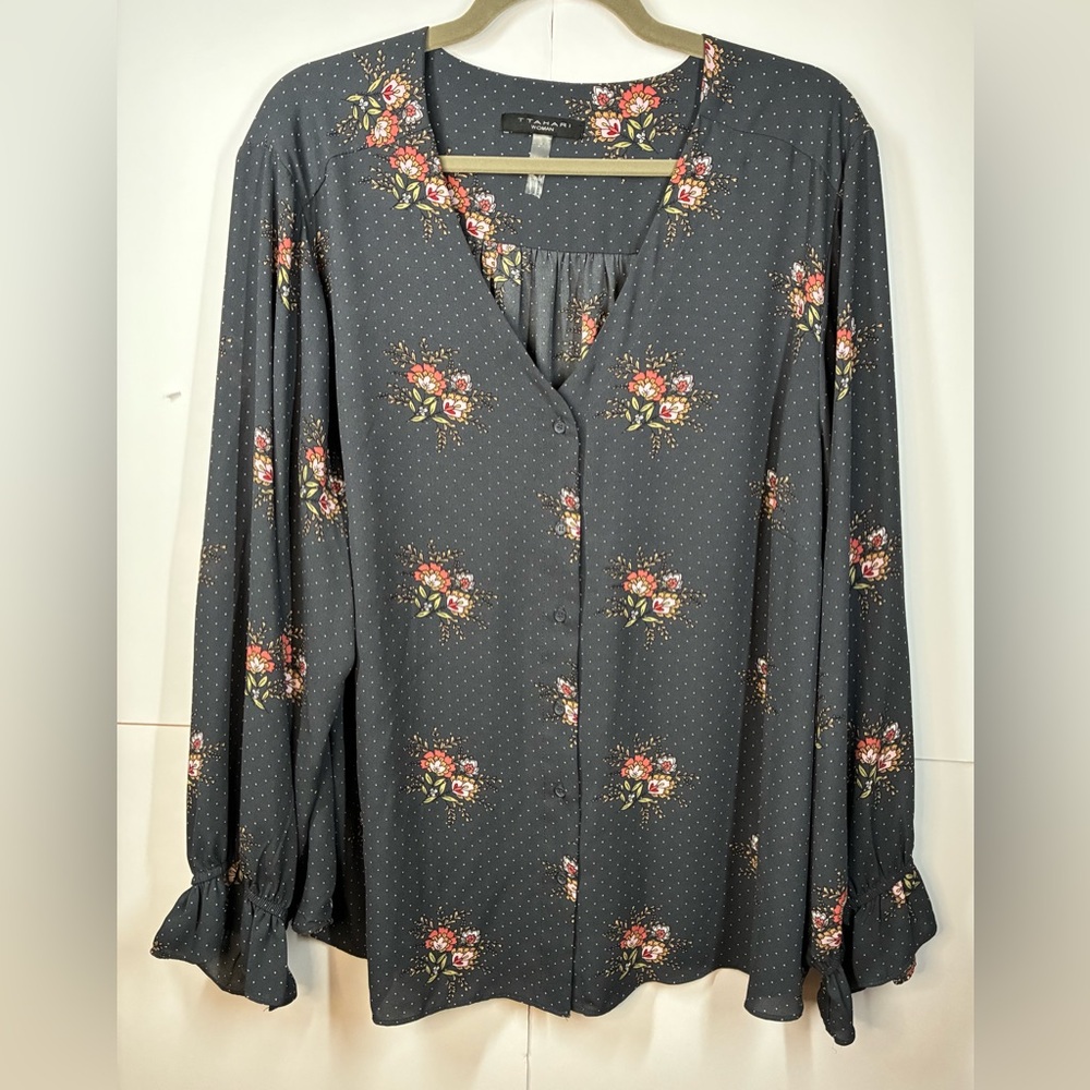 T Tahari Woman Floral Polka Dot Blouse Gray Long Sleeve V-Neck Plus Size 3X